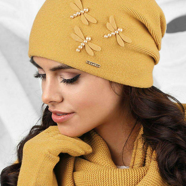 Chic Dragonfly-Decorated Wool Blend Winter Beanie
