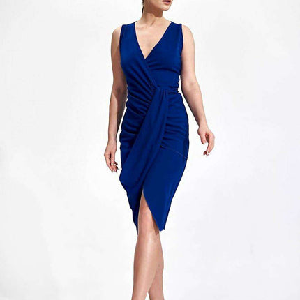 Chic Draped Midi Cocktail Dress with Modern Envelope Neckline - Très Elite