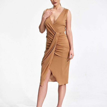 Chic Draped Midi Cocktail Dress with Modern Envelope Neckline - Très Elite