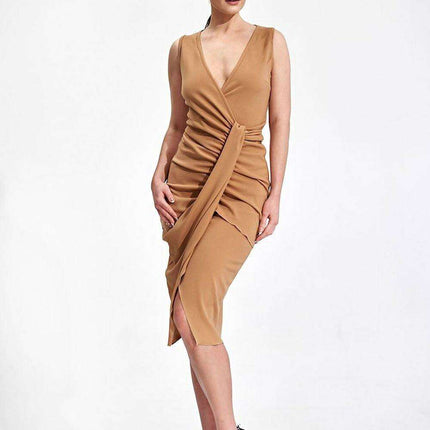 Chic Draped Midi Cocktail Dress with Modern Envelope Neckline - Très Elite