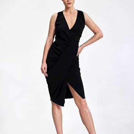 Chic Draped Midi Cocktail Dress with Modern Envelope Neckline - Très Elite