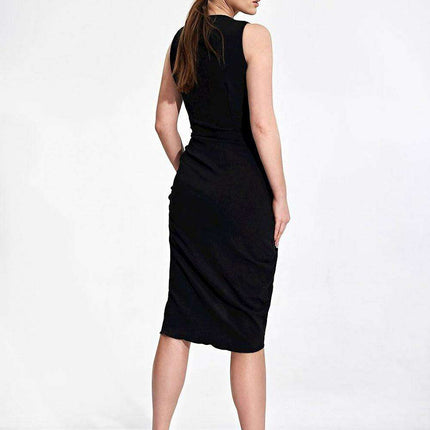 Chic Draped Midi Cocktail Dress with Modern Envelope Neckline - Très Elite