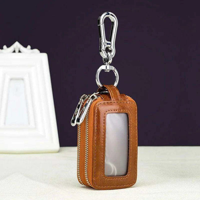 Chic Earth Yellow Leather Key Organizer with Clear View Pocket and Dual Storage Compartments