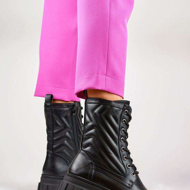 Chic Ebony Eco-Leather Lace-Up Ankle Booties - Très Elite