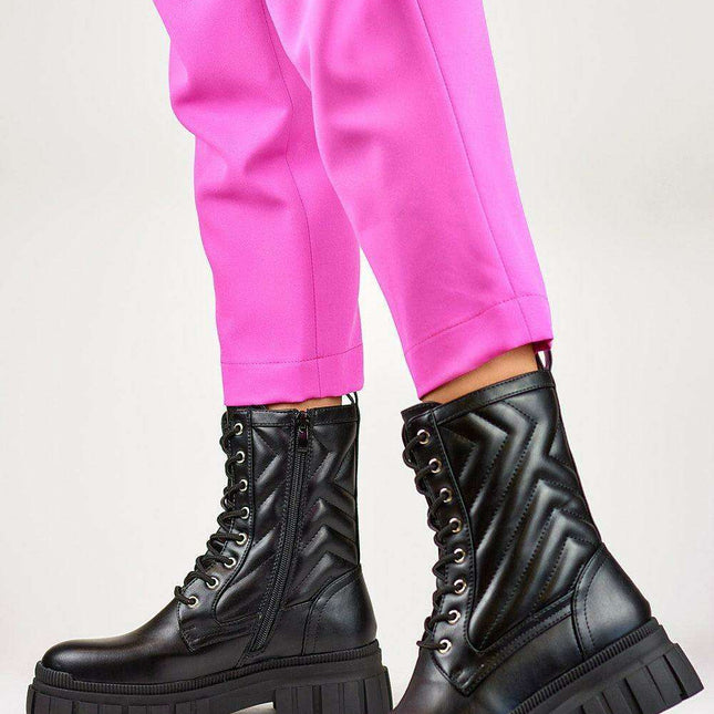 Chic Ebony Eco-Leather Lace-Up Ankle Booties - Très Elite