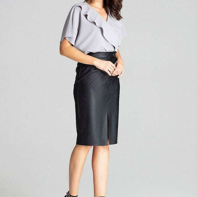 Chic Eco-Leather Midi Pencil Skirt with Elegant Front Clasp