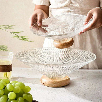 Chic Elevated Glass Fruit Display with Premium Rubber Wood Base for Stylish Dining Enhancements - Très Elite