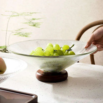 Chic Elevated Glass Fruit Display with Premium Rubber Wood Base for Stylish Dining Enhancements - Très Elite