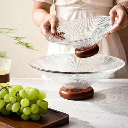 Chic Elevated Glass Fruit Display with Premium Rubber Wood Base for Stylish Dining Enhancements - Très Elite