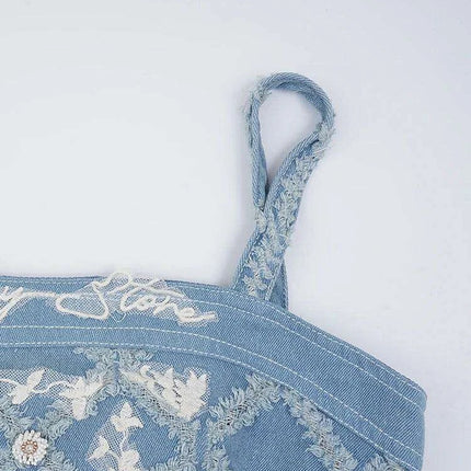 Chic Embroidered Denim Evening Gown with Diamond Detailing - Summer 2024 Edition - Très Elite