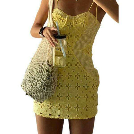 Chic Embroidered Floral Plaid Zip-Up Dress with Stylish Strappy Shoulders - Très Elite