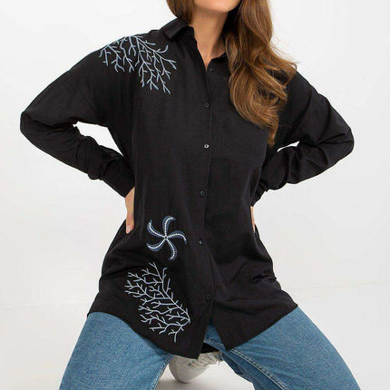 Chic Embroidered Relaxed Fit Long Sleeve Blouse - Très Elite