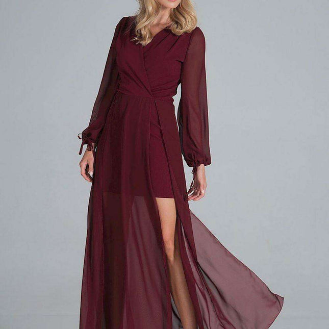 Chic Envelope Neckline Chiffon Evening Gown with Flowing Sleeves