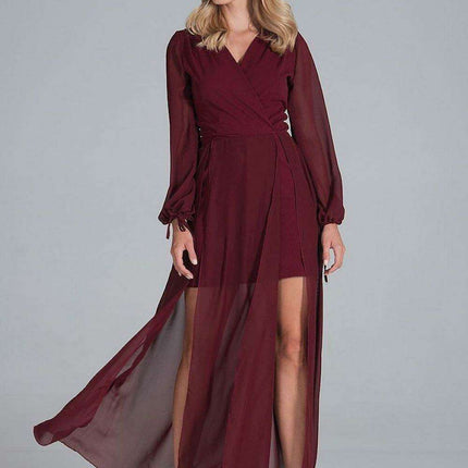 Chic Envelope Neckline Chiffon Evening Gown with Flowing Sleeves - Très Elite