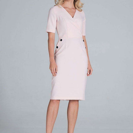 Chic Envelope Neckline Midi Pencil Dress with Stylish Button Accents - Très Elite