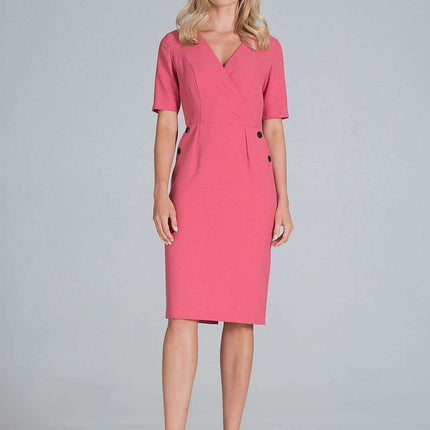 Chic Envelope Neckline Midi Pencil Dress with Stylish Button Accents - Très Elite