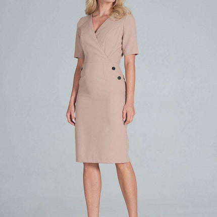 Chic Envelope Neckline Midi Pencil Dress with Stylish Button Accents - Très Elite