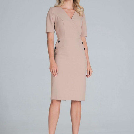 Chic Envelope Neckline Midi Pencil Dress with Stylish Button Accents - Très Elite