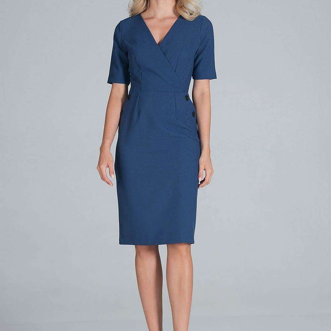 Chic Envelope Neckline Midi Pencil Dress with Stylish Button Accents