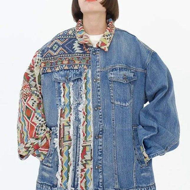 Chic Ethnic-Inspired Embroidered Denim Jacket with Distinctive Burrs Detailing