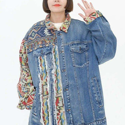 Chic Ethnic-Inspired Embroidered Denim Jacket with Distinctive Burrs Detailing