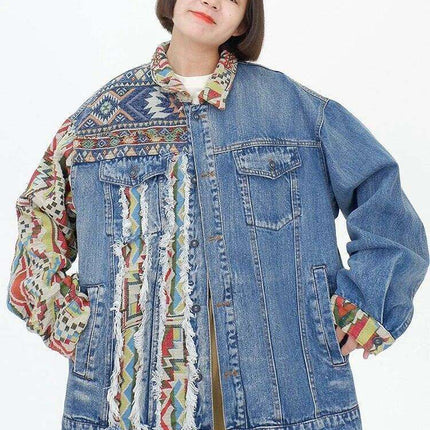 Chic Ethnic-Inspired Embroidered Denim Jacket with Distinctive Burrs Detailing