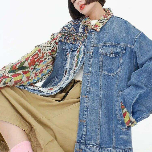 Chic Ethnic-Inspired Embroidered Denim Jacket with Distinctive Burrs Detailing