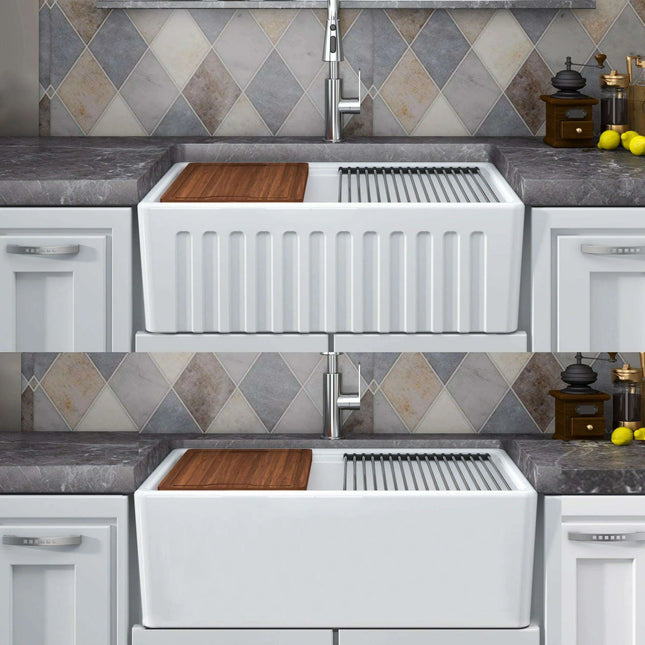 Chic Farmhouse Kitchen Sink Ensemble with Essential Accessories - Includes Cutting Board, Grid & Strainer