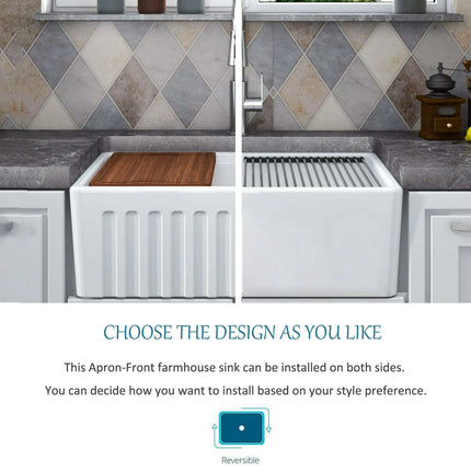Chic Farmhouse Kitchen Sink Ensemble with Essential Accessories - Includes Cutting Board, Grid & Strainer - Très Elite
