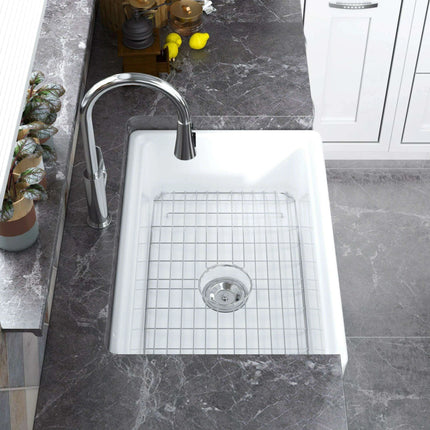 Chic Farmhouse Kitchen Sink Ensemble with Essential Accessories - Includes Cutting Board, Grid & Strainer - Très Elite