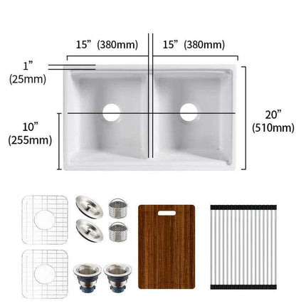 Chic Farmhouse Kitchen Sink Ensemble with Essential Accessories - Includes Cutting Board, Grid & Strainer..