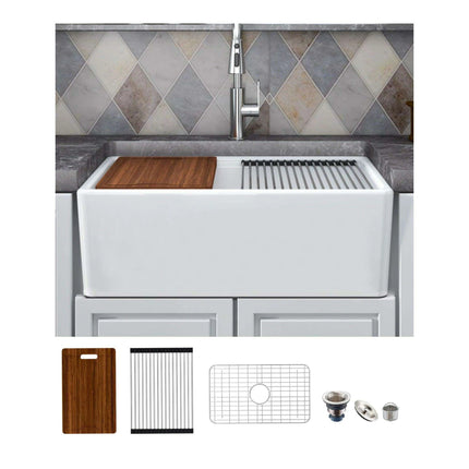Chic Farmhouse Kitchen Sink Ensemble with Essential Accessories - Includes Cutting Board, Grid & Strainer - Très Elite