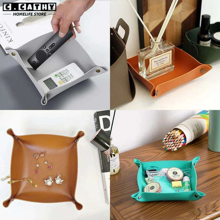 Chic Faux Leather Folding Valet Tray - Elegant Organizer for Home and Office - Très Elite