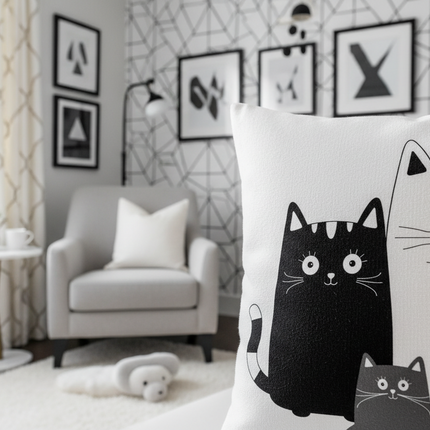 Chic Feline-Themed Nursery Pillow Cover - Luxurious 45x45cm Home Accent - Très Elite