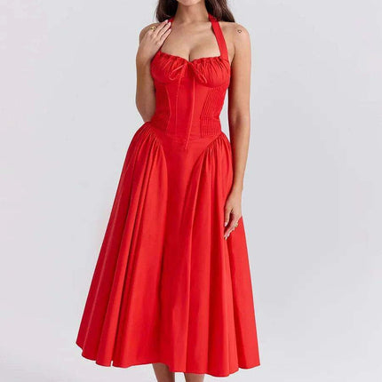 Chic Floral A-line Midi Dress with Elegant Halter Neckline for Effortless Style