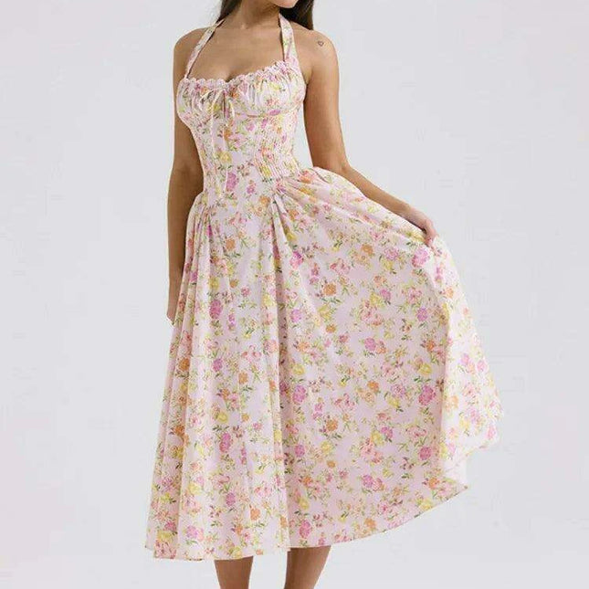 Chic Floral A-line Midi Dress with Elegant Halter Neckline for Effortless Style
