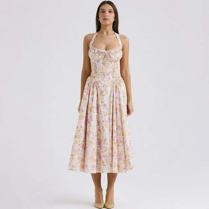 Chic Floral A-line Midi Dress with Elegant Halter Neckline for Effortless Style