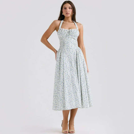 Chic Floral A-line Midi Dress with Elegant Halter Neckline for Effortless Style
