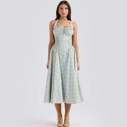 Chic Floral A-line Midi Dress with Elegant Halter Neckline for Effortless Style