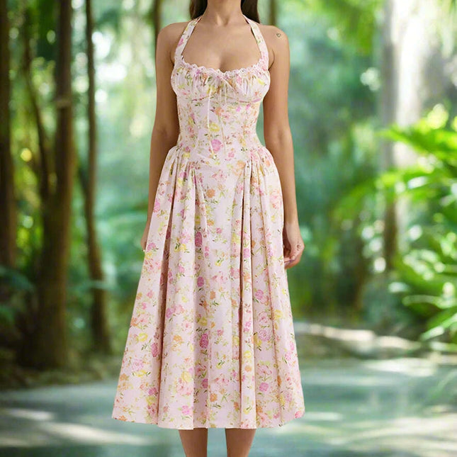 Chic Floral A-line Midi Dress with Elegant Halter Neckline for Effortless Style