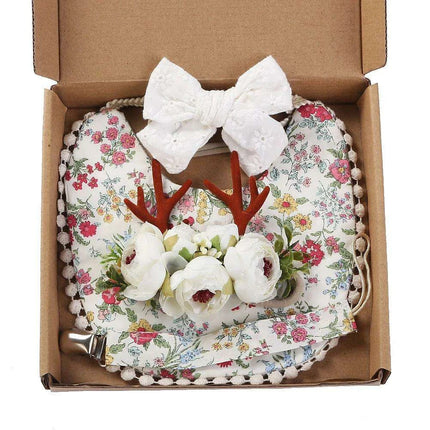 Chic Floral Baby Care Set: Bib, Headband, and Silicone Pacifier Clip in Festive Gift Box..