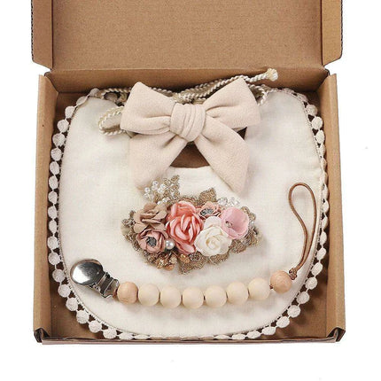 Chic Floral Baby Care Set: Bib, Headband, and Silicone Pacifier Clip in Festive Gift Box..