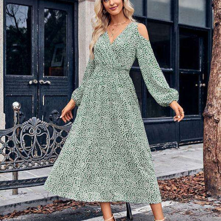 Chic Floral Cold Shoulder V-Neck Dress for Women - Summer Elegance