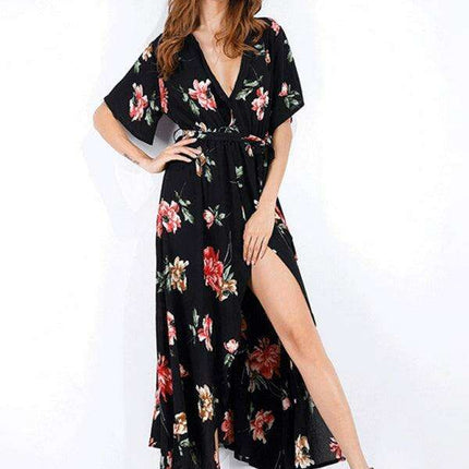 Chic Floral Escape V-Neck Vacation Dress - Ideal for Effortless Style - Très Elite
