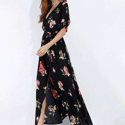 Chic Floral Escape V-Neck Vacation Dress - Ideal for Effortless Style - Très Elite