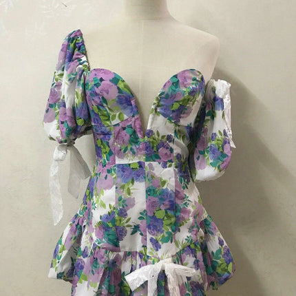 Chic Floral One-Shoulder Mini Dress with Vintage Appeal - Très Elite