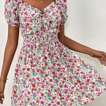 Chic Floral Print Puff Sleeve Dress with High Waist Design for Women - Très Elite