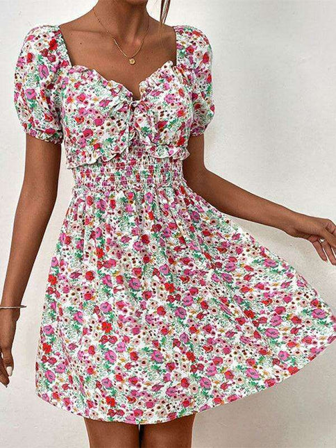 Chic Floral Print Puff Sleeve Dress with High Waist Design for Women