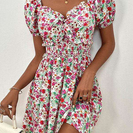 Chic Floral Print Puff Sleeve Dress with High Waist Design for Women - Très Elite