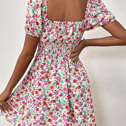 Chic Floral Print Puff Sleeve Dress with High Waist Design for Women - Très Elite